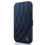 Mercedes-Benz Bow Line Booktype Leather Case - дизайнерски кожен калъф (естествена кожа), тип портфейл за iPhone 12, iPhone 12 Pro (тъмносин)