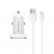 Borofone Dual USB Car Charger 2.4A & Lightning Cable - зарядно за кола с 2xUSB изходa (2.4A) и Lightning кабел за iPhone, iPad и iPod с Lightning порт (бял)