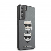 Karl Lagerfeld Saffiano Karl & Choupette Heads Case - дизайнерски кожен кейс за Samsung Galaxy S21 (сребрист)  2