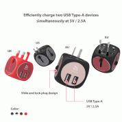 Adam Elements Omnia TA502 Universal Travel Adapter - адаптер за ел. мрежа с преходници за цял свят и два USB-A изход за зареждане (черен-сив)  3