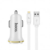 Hoco Dual USB Car Charger 4.8A & Lightning Cable Z1 - зарядно за кола с 2xUSB изходa (4.2A) и Lightning кабел за iPhone, iPad и iPod с Lightning порт (бял)
