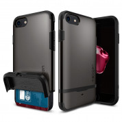 Spigen Flip Armor Case - хибриден кейс с отделение за кр. карти и най-висока степен на защита за iPhone SE (2022), iPhone SE (2020), iPhone 8, iPhone 7 (тъмносив)