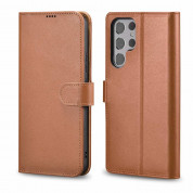 iCarer Haitang Leather Wallet Case - кожен (естествена кожа) калъф, тип портфейл за Samsung Galaxy S22 Ultra (кафяв)