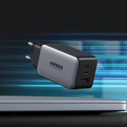 Ugreen GaN Fast Wall Charger 65W PD - захранване за ел. мрежа за лаптопи, смартфони и таблети с USB-A и 2xUSB-C изходи с технология за бързо зареждане (сив) 2