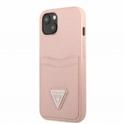 Guess Saffiano Double Card PU Leather Hard Case - дизайнерски кожен кейс с джоб за карти за iPhone 13 mini (розов)