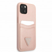 Guess Saffiano Double Card PU Leather Hard Case - дизайнерски кожен кейс с джоб за карти за iPhone 13 (розов) 2
