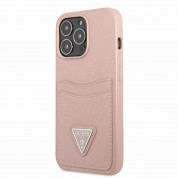 Guess Saffiano Double Card PU Leather Hard Case - дизайнерски кожен кейс с джоб за карти за iPhone 13 Pro (розов)