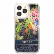 Guess Liquid Glitter Flower Case - дизайнерски кейс с висока защита за iPhone 13 Pro (син) 1