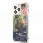 Guess Liquid Glitter Flower Case - дизайнерски кейс с висока защита за iPhone 13 Pro (син)