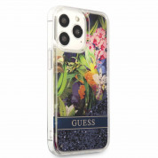 Guess Liquid Glitter Flower Case - дизайнерски кейс с висока защита за iPhone 13 Pro (син) 2