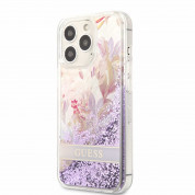 Guess Liquid Glitter Flower Case - дизайнерски кейс с висока защита за iPhone 13 Pro (лилав)