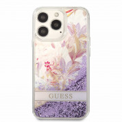 Guess Liquid Glitter Flower Case - дизайнерски кейс с висока защита за iPhone 13 Pro (лилав) 1