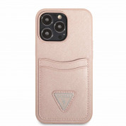 Guess Saffiano Double Card PU Leather Hard Case - дизайнерски кожен кейс с джоб за карти за iPhone 13 Pro Max (розов) 1