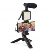 Platinet Vlog 4-in-1 Set PMVG4IN1 - LED лампа с трипод, микрофон и държач за смартфони (черен)