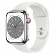 Apple Watch Series 8 Cellular, 45mm Silver Stainless Steel Case with White Sport Band - умен часовник от Apple