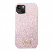 Guess Glitter Flakes Metal Logo Case - хибриден удароустойчив кейс за iPhone 14 Plus (розов)