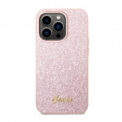 Guess Glitter Flakes Metal Logo Case - хибриден удароустойчив кейс за iPhone 14 Pro (розов)