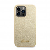 Guess Glitter Flakes Metal Logo - хибриден удароустойчив кейс за iPhone 14 Pro (златист)