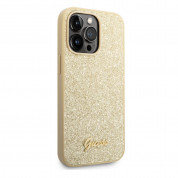 Guess Glitter Flakes Metal Logo - хибриден удароустойчив кейс за iPhone 14 Pro (златист) 1