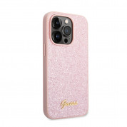 Guess Glitter Flakes Metal Logo Case - хибриден удароустойчив кейс за iPhone 14 Pro Max (розов) 1