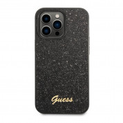 Guess Glitter Flakes Metal Logo Case - хибриден удароустойчив кейс за iPhone 14 Pro Max (черен)