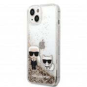 Karl Lagerfeld Liquid Glitter Karl and Choupette Case - дизайнерски кейс с висока защита за iPhone 14 (прозрачен-златист)