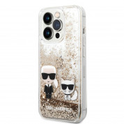 Karl Lagerfeld Liquid Glitter Karl and Choupette Case - дизайнерски кейс с висока защита за iPhone 14 Pro (прозрачен-златист)