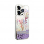 Guess Liquid Glitter Flower Case - дизайнерски кейс с висока защита за iPhone 14 Pro Max (лилав) 3