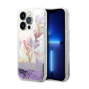 Guess Liquid Glitter Flower Case - дизайнерски кейс с висока защита за iPhone 14 Pro Max (лилав)