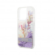 Guess Liquid Glitter Flower Case - дизайнерски кейс с висока защита за iPhone 14 Pro Max (лилав) 5