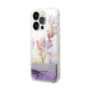 Guess Liquid Glitter Flower Case - дизайнерски кейс с висока защита за iPhone 14 Pro (лилав) 1