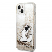 Karl Lagerfeld Liquid Glitter Choupette Eat Case - дизайнерски кейс с висока защита за iPhone 14 (прозрачен-златист)
