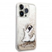Karl Lagerfeld Liquid Glitter Choupette Eat Case - дизайнерски кейс с висока защита за iPhone 14 Pro (прозрачен-златист) 2