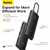 Baseus USB-C Lite Series 6-Port With PD 100W Hub Docking Station (WKQX050101) - мултифункционален хъб за свързване на допълнителна периферия за устройства с USB-C (черен)  9