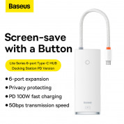 Baseus USB-C Lite Series 6-Port With PD 100W Hub Docking Station (WKQX050102) - мултифункционален хъб за свързване на допълнителна периферия за устройства с USB-C (бял)  10
