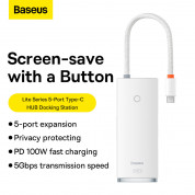 Baseus USB-C Lite Series 5-Port With PD 100W Hub Docking Station (WKQX040002) - мултифункционален хъб за свързване на допълнителна периферия за устройства с USB-C (бял)  8