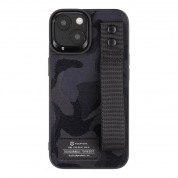 Tactical Camo Troop Cover - хибриден удароустойчив текстилен кейс с лента за ръка за iPhone 14 (черен)