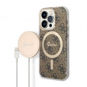 Guess 4G Printed Stripe MagSafe Case With MagSafe Wireless Charger Set - комплект хибриден удароустойчив кейс с MagSafe и поставка (пад) за безжично зареждане за iPhone 14 Pro (кафяв)