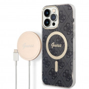 Guess 4G Printed Stripe MagSafe Case With MagSafe Wireless Charger Set - комплект хибриден удароустойчив кейс с MagSafe и поставка (пад) за безжично зареждане за iPhone 14 Pro Max (черен)