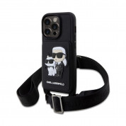 Karl Lagerfeld Saffiano Crossbody Karl and Choupette NFT Case - дизайнерски кожен кейс с връзка за носене за iPhone 14 Prо (черен)
