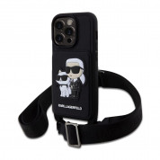 Karl Lagerfeld Saffiano Crossbody Karl and Choupette NFT Case - дизайнерски кожен кейс с връзка за носене за iPhone 14 Prо Max (черен)