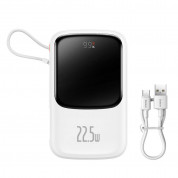 Baseus Qpow Digital Display Power bank with USB-C cable 22.5W (PPQD020102) - външна батерия 10000 mAh с вграден USB-C кабел и USB-C, USB-A и Lightning портове (бял) 9