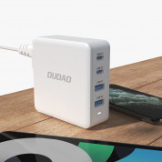 Dudao A100EU GaN Desktop Charger PD 100W - захранване за ел. мрежа за лаптопи, смартфони и таблети с 2xUSB-A и 2xUSB-C изходи с технология за бързо зарежданe (бял) 4