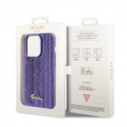 Guess Sequin Script Logo Case - дизайнерски силиконов кейс за iPhone 15 Pro Max (лилав) 5