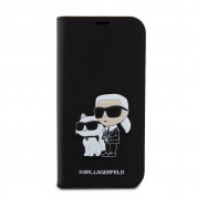 Karl Lagerfeld PU Saffiano Karl and Choupette NFT Book Case - дизайнерски кожен калъф, тип портфейл за iPhone 15 (черен) 2