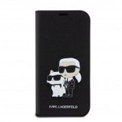 Karl Lagerfeld PU Saffiano Karl and Choupette NFT Book Case - дизайнерски кожен калъф, тип портфейл за iPhone 15 Pro Max (черен)