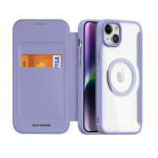 Dux Ducis Skin X Pro Magnetic Wallet Case - удароустойчив хибриден кожен кейс с отделение за карти и MagSafe за iPhone 15 (лилав-прозрачен) 1