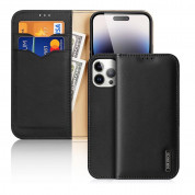 Dux Ducis Hivo Genuine Leather Flip Wallet Case - кожен калъф от естествена кожа с поставка и отделение за кр. карти за iPhone 15 Pro Max (черен)