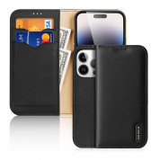 Dux Ducis Hivo Genuine Leather Flip Wallet Case - кожен калъф от естествена кожа с поставка и отделение за кр. карти за iPhone 15 Pro (черен)