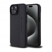 AMG Carbon Effect Leather MagSafe Case - дизайнерски кожен кейс с висока защита с MagSafe за iPhone 15 (черен)